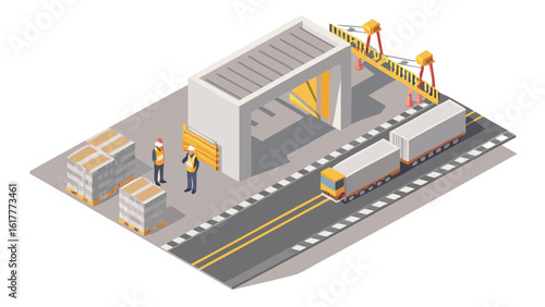 Isometric view of a shipping yard with trucks workers and cargo containers near a loading dock area