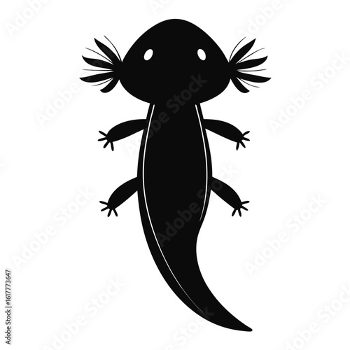 Black axolotl silhouette with feathery gills and small eyes salamander amphibian