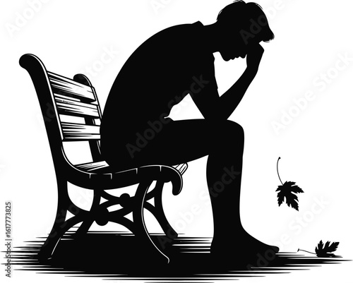 Sad man on bench with falling leaves silhouette sitting