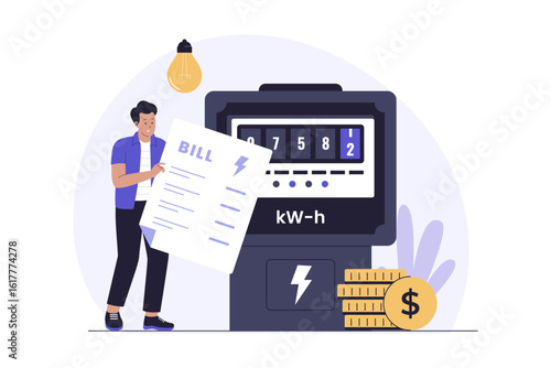 Man Checking Electricity Bill Illustration. Home Energy Costs & Payment. Illustrations for websites, landing pages, mobile apps, posters and banners
