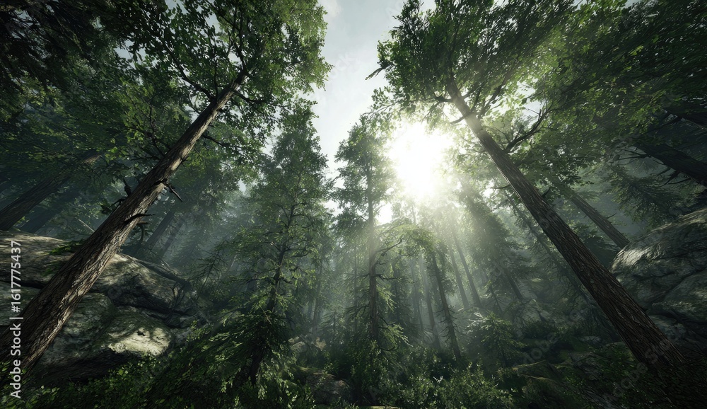 Obraz premium Lush forest canopy, sunlight filtering through