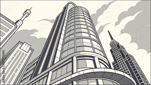 A towering skyscraper dominates the urban landscape, representing modern architecture and business