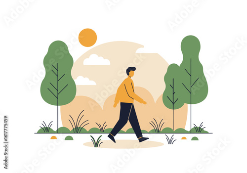 A minimalist vector illustration of a man walking through a serene park landscape under a bright, warm sun.