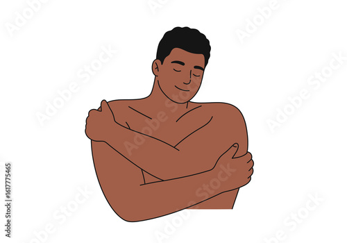 An illustration of a man with dark skin embracing himself with a serene, happy expression, symbolizing self-love and comfort.