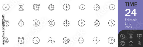 Time set of web icons in line style. Vector illustration in modern thin line style of clock related icons timer, stopwatch, alarm, and more. Linear Editable stroke.