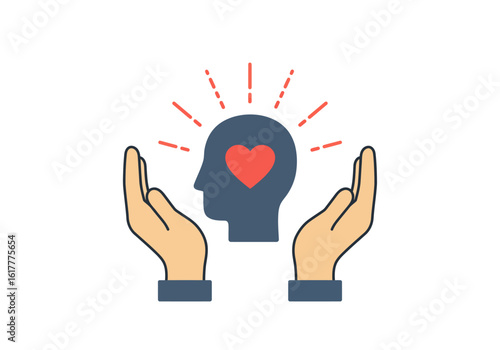 Illustration of a head with a heart, surrounded by hands, radiating positivity and care.