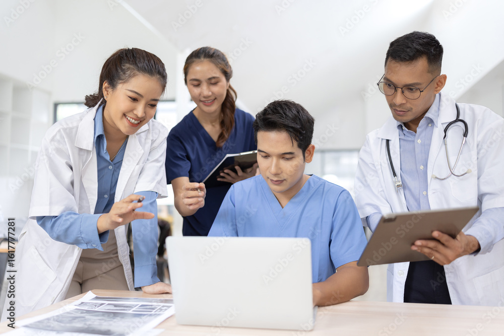 Medical team brainstorming having a meeting in conference room at hospital, Medical technology and health care concept. Medical team brainstorming having a meeting in conference room at hospital, Medical technology and health care concept.