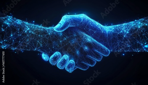Futuristic handshake symbolizing digital connection.