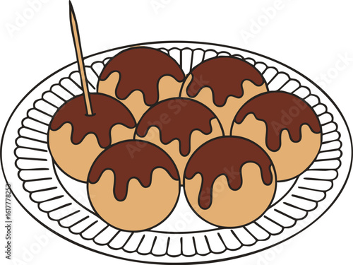 MinimalFlatDesign_TakoyakiPlate_Toothpick_JapaneseFood_Illustration_ミニマルフラットデザイン_たこ焼き_紙皿_爪楊枝_日本食_イラスト