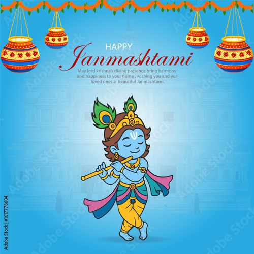 Happy Janmashtami Greeting with Cute Cartoon Lord Krishna Playing Flute