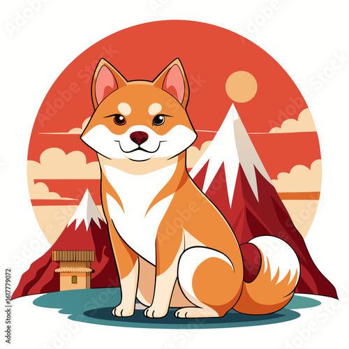 A shiba inu dog sitting in front of Mount Fuji, stylized in traditional Ukiyo-e-inspired vector art 
