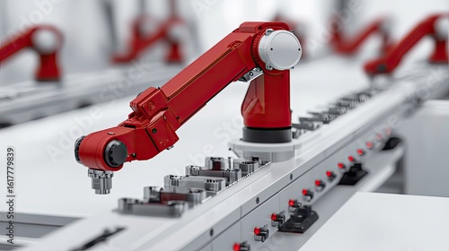 Close up of a red industrial robot arm on a white conveyor belt with other robots in the background
