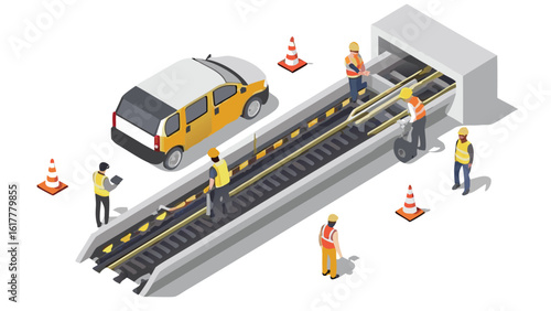 Isometric view of construction workers repairing train tracks with a yellow car nearby and cones placed