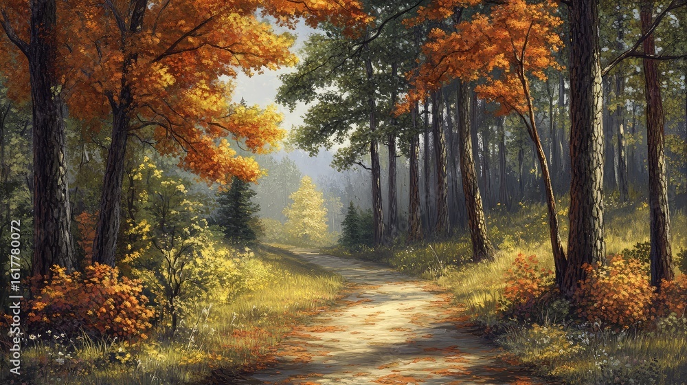 Obraz premium A scenic autumn forest path with vibrant foliage and tall trees in a serene landscape setting view