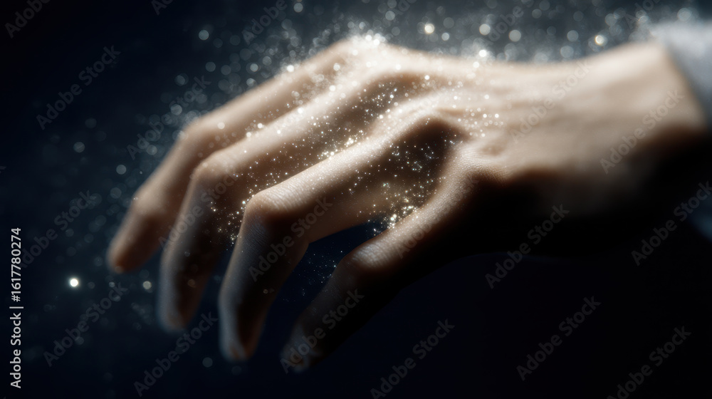 Fototapeta premium Hand close up with glowing particles floating around, creating magical and mysterious atmosphere in dark background
