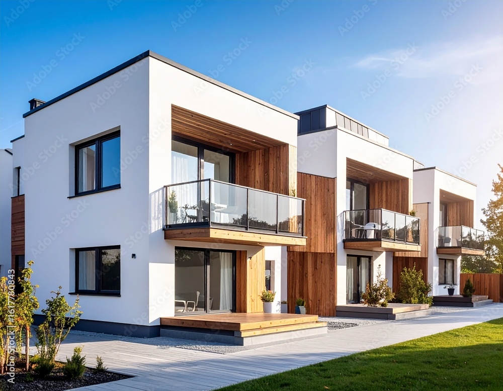 Modern White Houses with Wooden Accents and Balconies on a Sunny Day Modern White Houses with Wooden Accents and Balconies on a Sunny Day