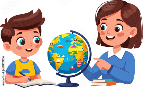 Dedicated female teacher guiding a young student in a geography lesson. Educator pointing at a world globe while the boy learns.