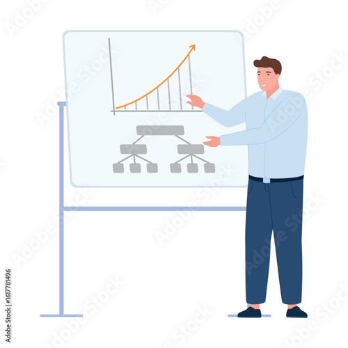 Illustration of a businessman presenting an infographic project highlighting growth and organizational structure in a professional environment.