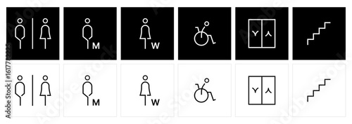 Public Signage Icon Set - Restroom, Accessibility, Elevator, Stairs Symbols.