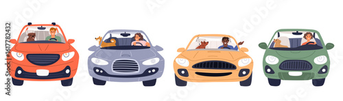 People driving cars. Men and women traveling with pet dogs. Drivers and passengers automobile trip. Vehicle windshield front view. City road traffic. Urban transport. Vector auto set
