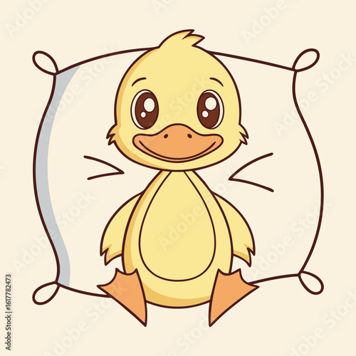 Funny duck lying belly-up on soft pillow