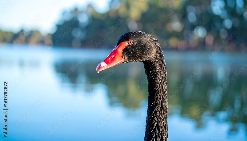 Fototapeta premium Close-up of a Black Swan with Red Beak and Eye, Lake Background