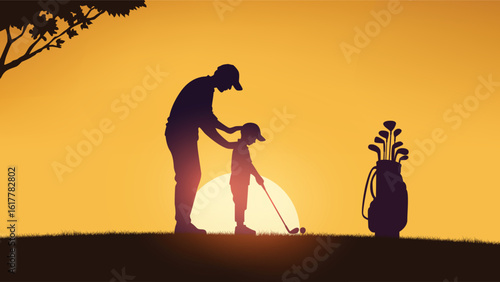 Father Teaching Son Golf at Sunset Silhouette