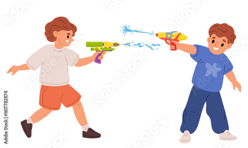 Little boys shoot water at each other with water guns. Plastic toy weapon. Children outdoor game. Pump blasters. Songkran party. Kids spraying liquid drop splatters. Vector concept