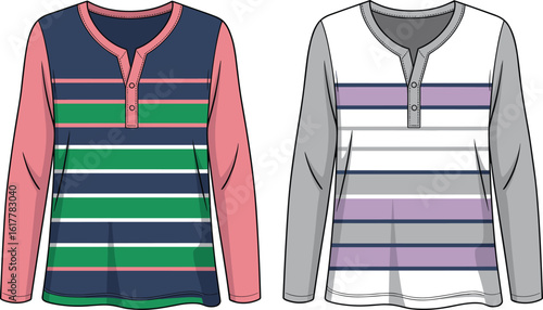 Stylish Striped Long Sleeve Henley T-Shirts with Modern Color Block Designs, Ideal for Casual Fashion Apparel, CAD Drawing Flat Vector Illustration