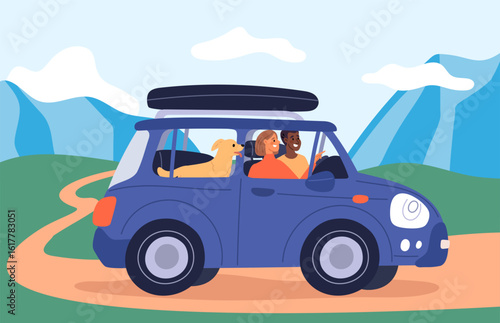Guy and girl traveling in car with their dog on mountain road. Automobile transportation. Vehicle side view. Automobile vacation. Couple with pet in auto. Rock landscape. Vector concept