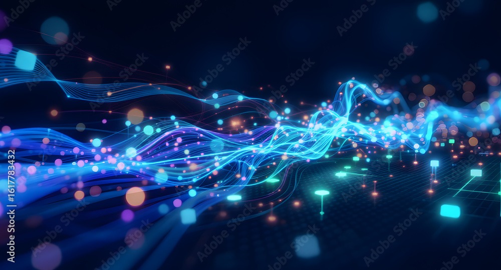 Fototapeta premium Abstract Blue Digital Data Flow Network. Futuristic Technology, Big Data, AI, and Communication Concept.