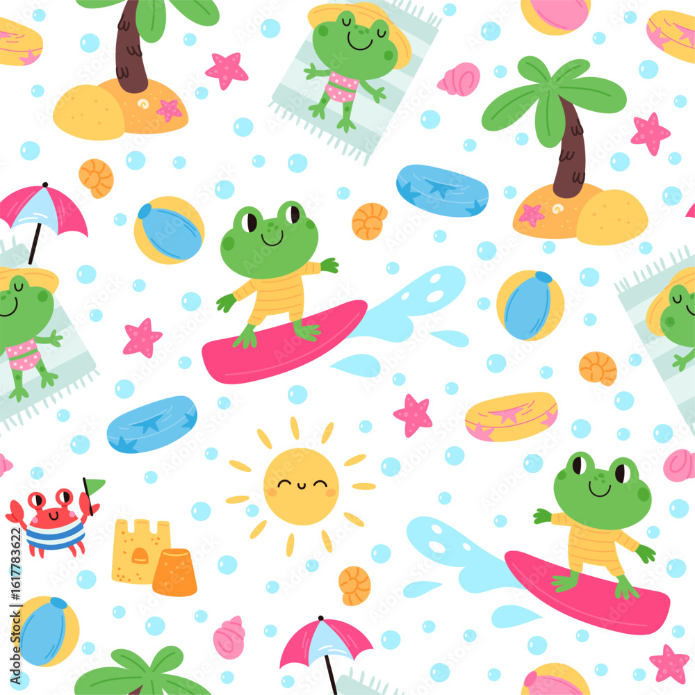 Obraz premium Cartoon frogs relaxing. Summer vacation seamless pattern. Animal sunbathing on beach and riding surfboard. Repeated print. Happy froglet resting at seashore resort. Vector background