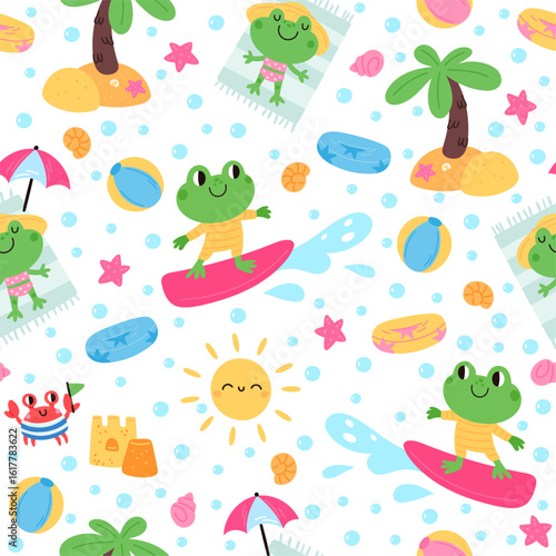 Cartoon frogs relaxing. Summer vacation seamless pattern. Animal sunbathing on beach and riding surfboard. Repeated print. Happy froglet resting at seashore resort. Vector background