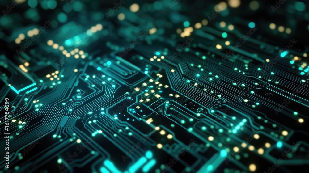 Obraz premium A close up view of a detailed circuit board with glowing lights and intricate pathways design work