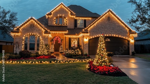 Festive house adorned with christmas lights and decorations at dusk creating a warm and inviting scene
