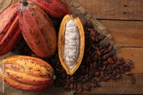 Description:

A top-down view of a rustic wooden surface with several cocoa pods, both whole and one sliced open to reveal the white pulp and cocoa beans inside.