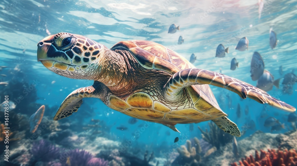 Obraz premium Sea turtle swimming gracefully underwater with fish and coral reef in the background marine wildlife scene