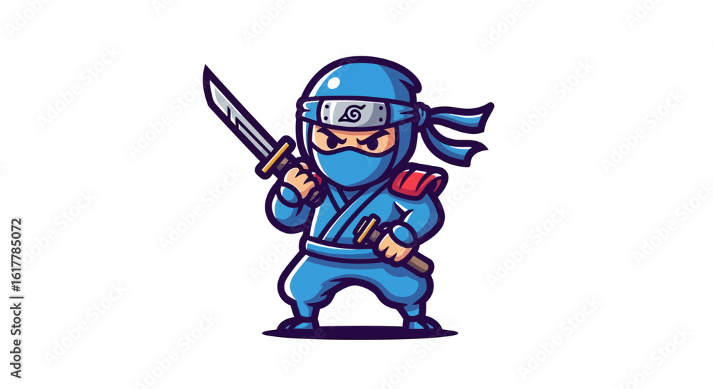 Fototapeta premium Cartoon Ninja Vector SVG Icon with Sword and Dynamic Pose in Flat Design Style