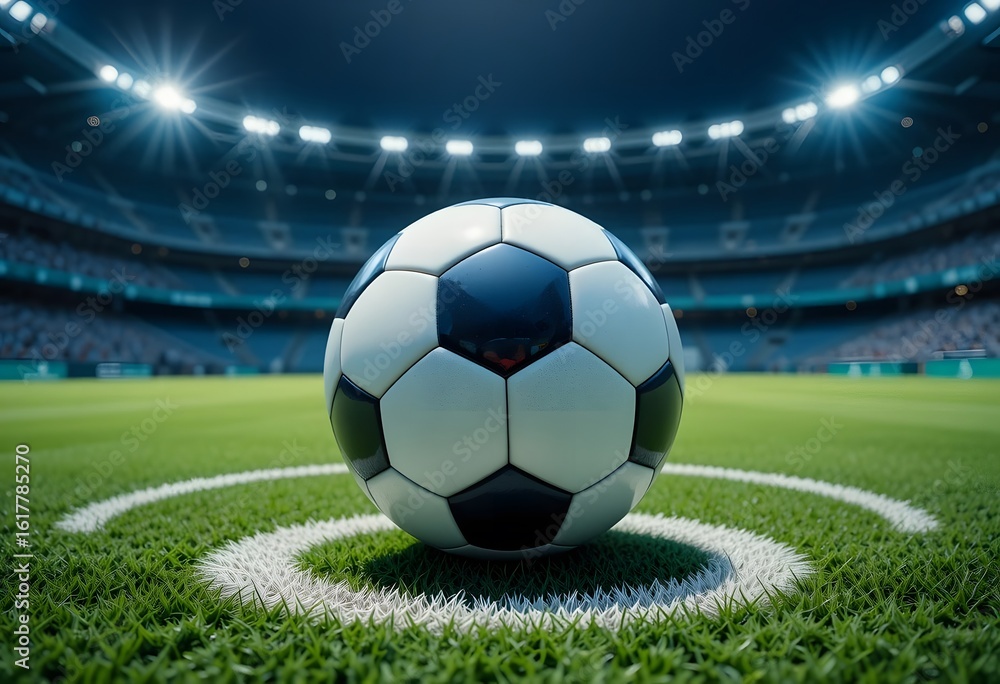 Naklejka premium Close-up of a realistic soccer ball resting at the center circle of a professional football field