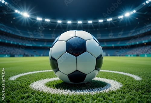 Close-up of a realistic soccer ball resting at the center circle of a professional football field