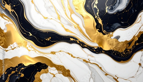 White, black, and gold marble texture—fluid abstract composition with swirling veins and mineral layering. Central golden streaks intersect organic shapes, creating dynamic movement across a soft whit