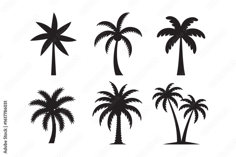 Fototapeta premium Palm Tree Silhouette Vector Graphics Set for Tropical Beach Summer and Holiday Designs in Black and White