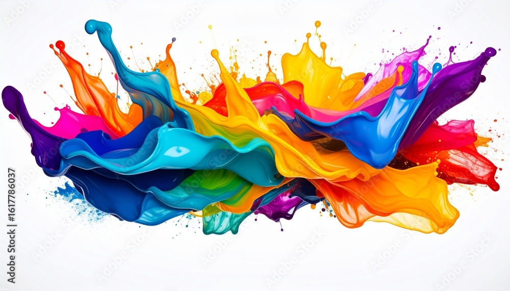 Fototapeta premium Abstract multicolor splatter on white background—vibrant paint bursts radiate outward from central splash. Dominant hues include blue, red, yellow, orange, green, and purple. Fluid motion and chaotic 