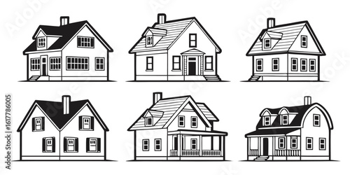 Vector art of a diverse collection of house illustrations showcasing various architectural styles and designs