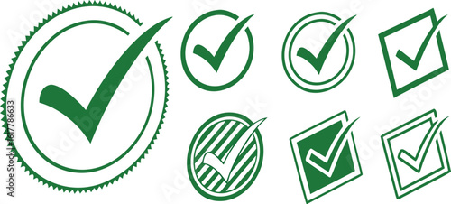 Vector art of a selection of green check mark icons in various shapes and styles for approval and validation