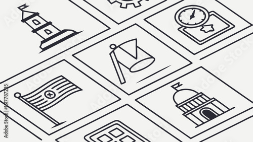 Hand-Drawn Line Art Icons Grid: Abstract Symbols of Governance, Navigation, and Time, Perfect for Web, UI, and Conceptual Design Projects