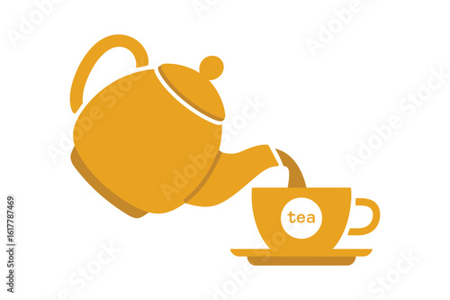 Tea Time Illustration with Golden Teapot and Cup Filling up a Warm Drink Beverage Service Concept