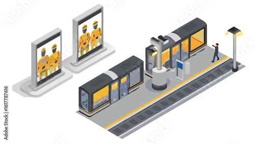 Isometric view of a train station with advertising billboards and a person walking to the train