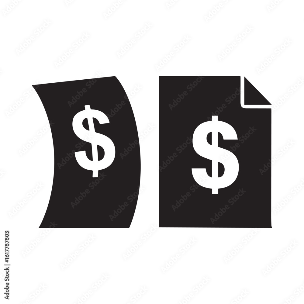 Obraz premium Two black paper documents with dollar signs silhouette vector isolated on white background.