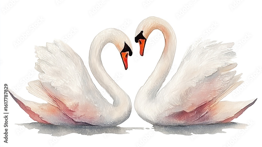 Obraz premium Romantic watercolor swans in heart-shaped pose illustration for wedding decor, Valentine cards, love themes, elegant print design.